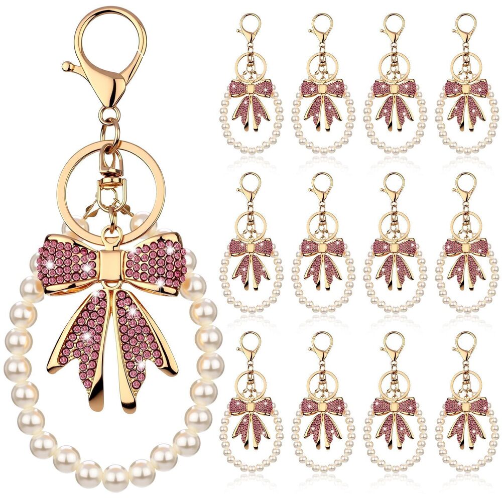 2038 12 Sets Bow Keychain and Pearl Keychain Accessories Bow Bag Purse